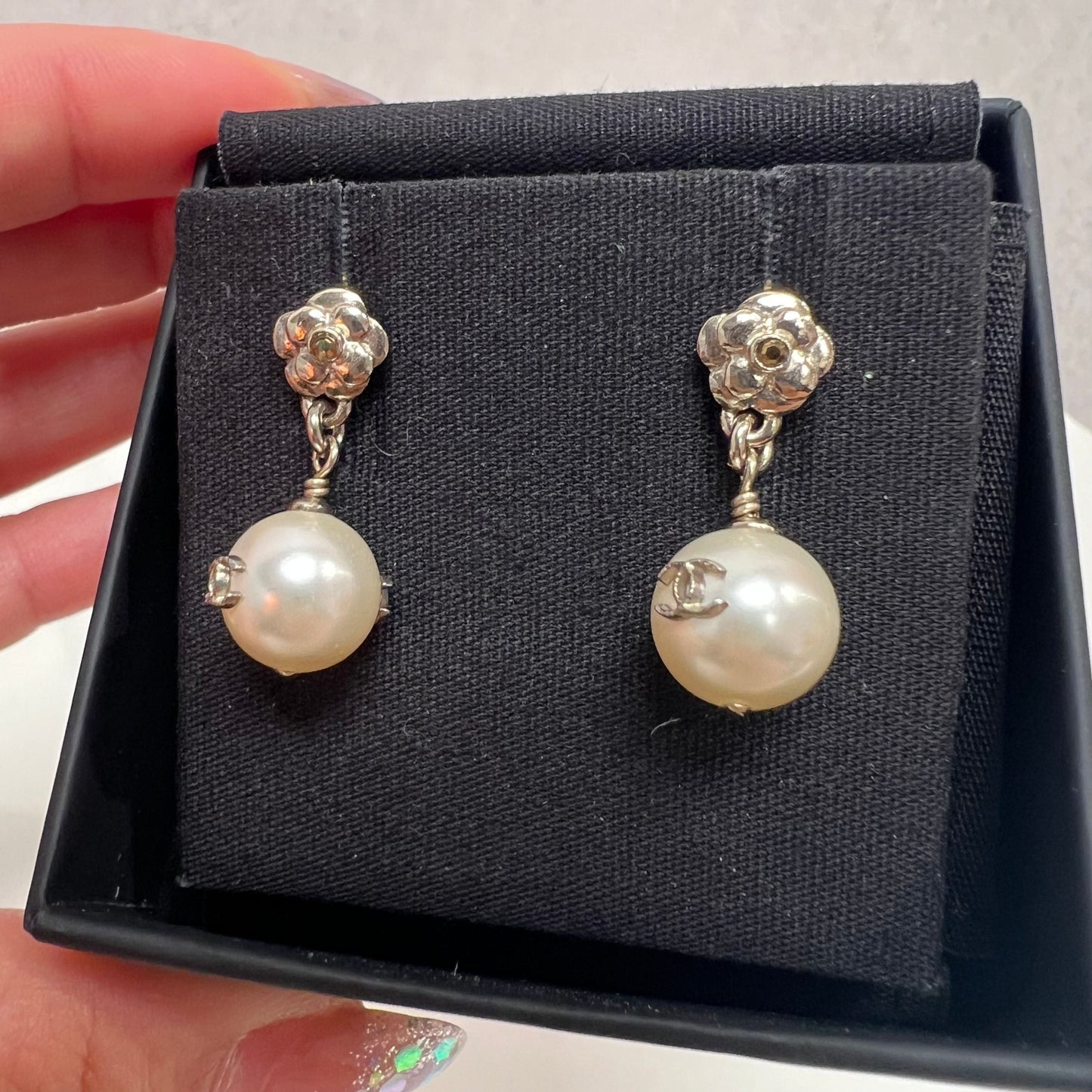 CHANEL Pearl CC Camellia Dangle Earrings Gold