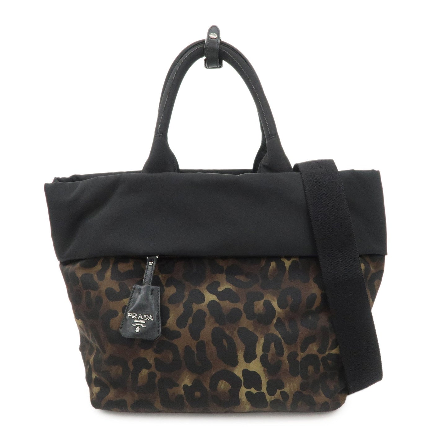 Tote Bag 2Way Hand Tote Shoulder Bag Leopard Nylon Black Logo