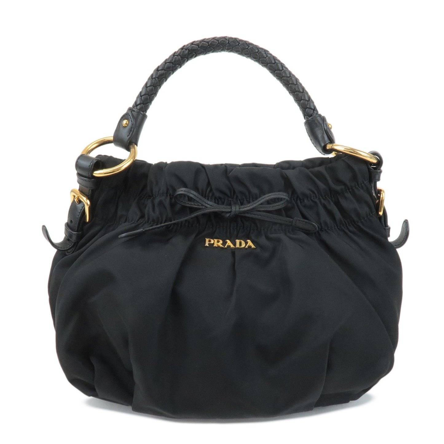Prada Shoulder Bag Ribbon Hand Bag Leather Nylon Black