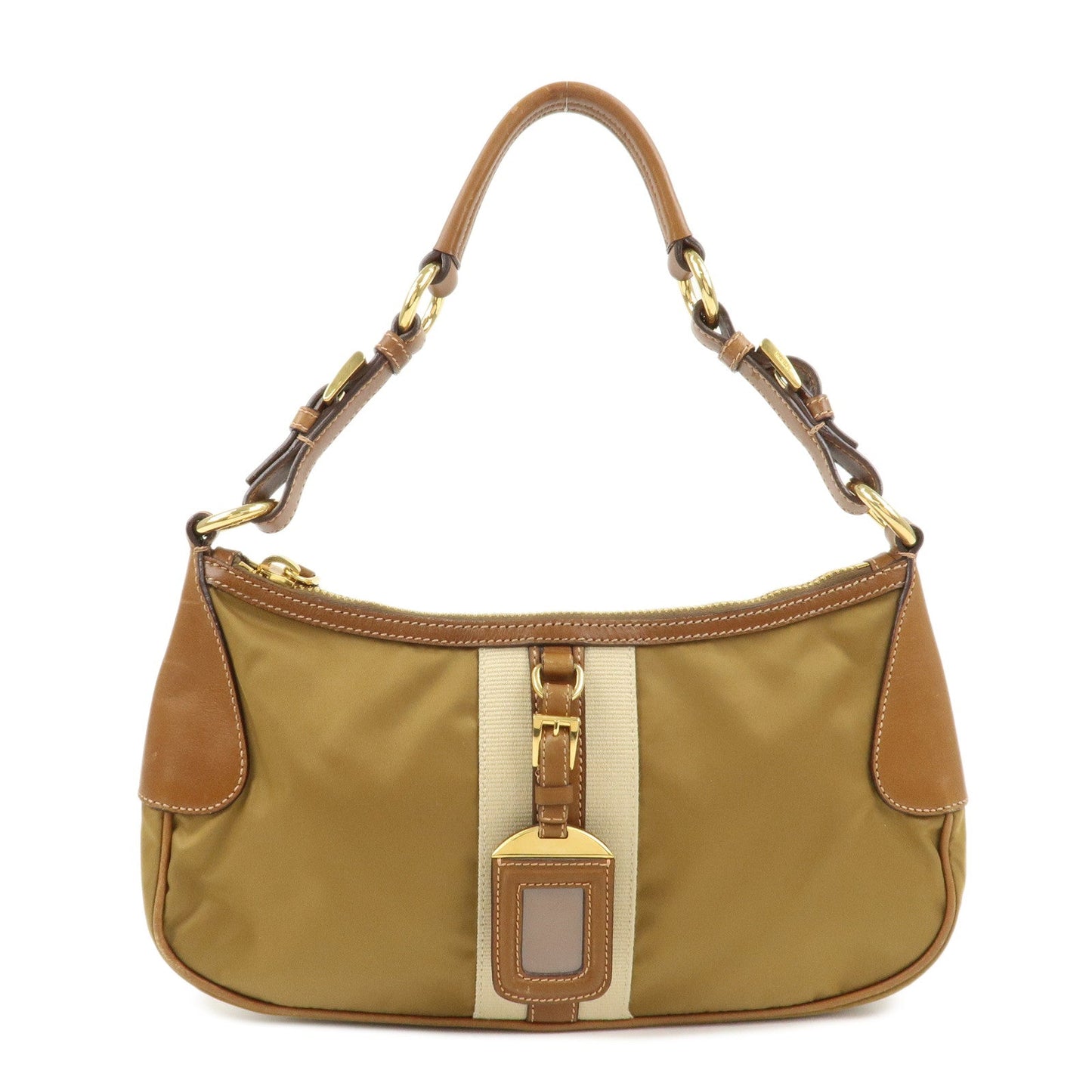 Shoulder Bag Triangle Leather Nylon Brown Nylon Leather Brown