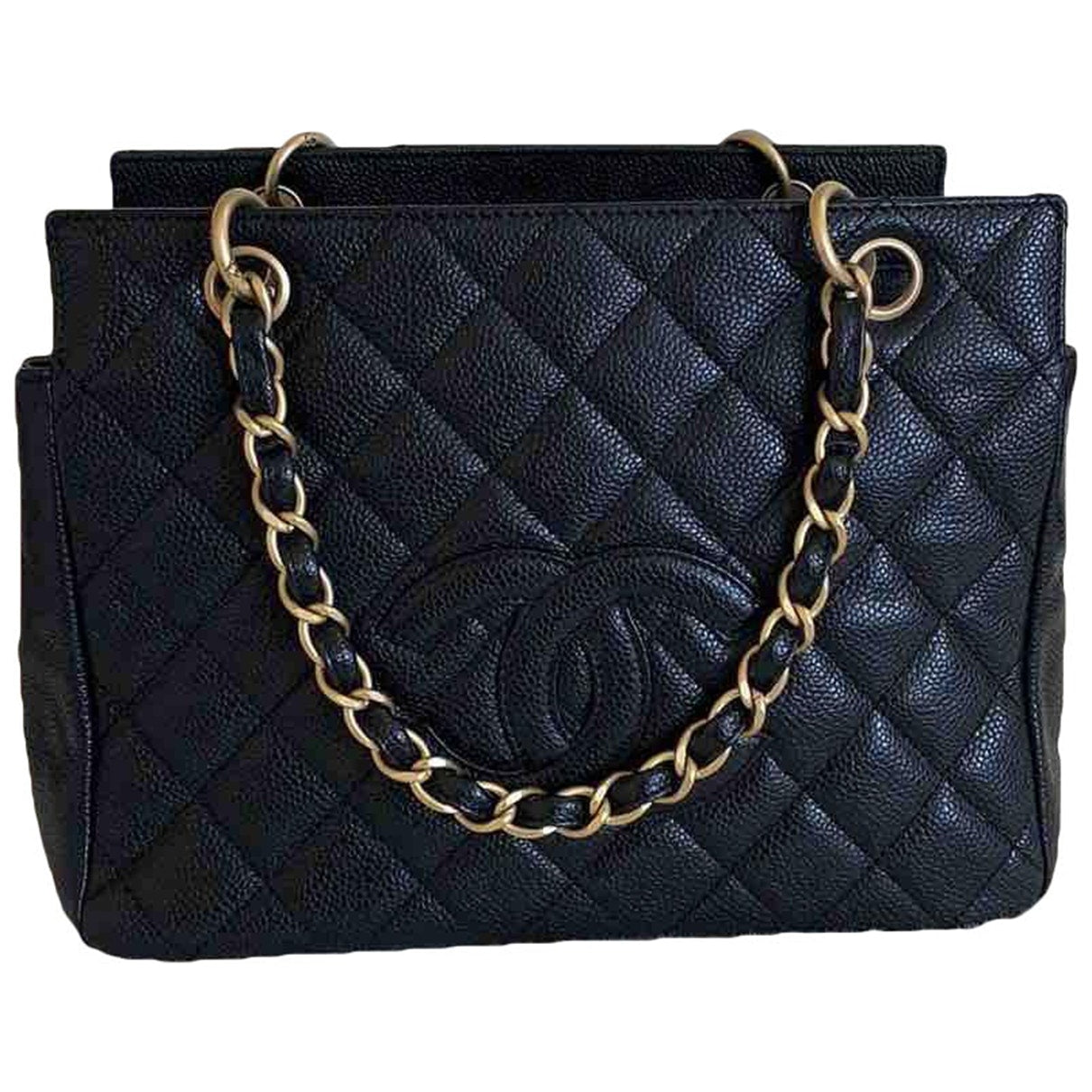 Chanel petite shopping tote black leather handbag