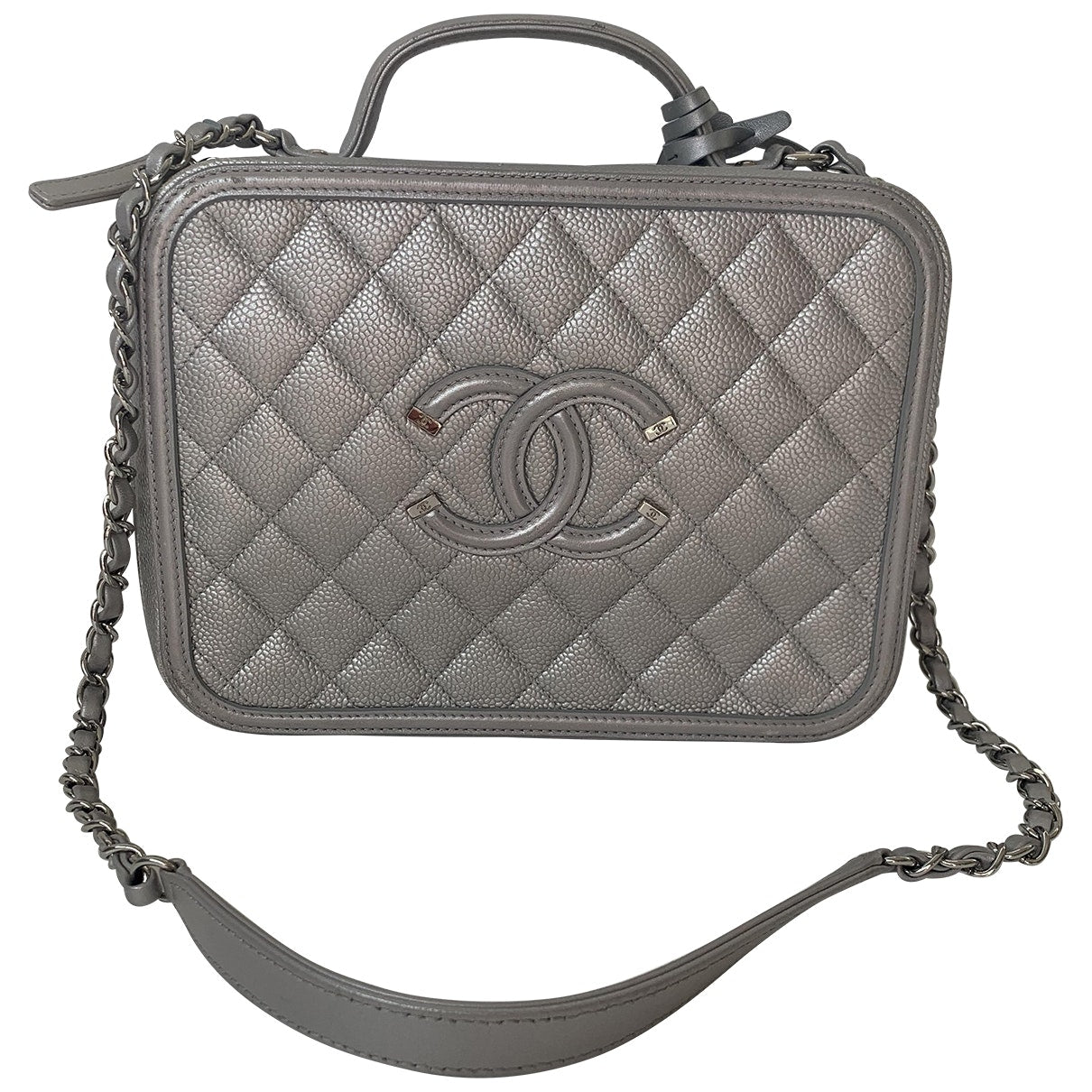 Chanel vanity silver leather handbag