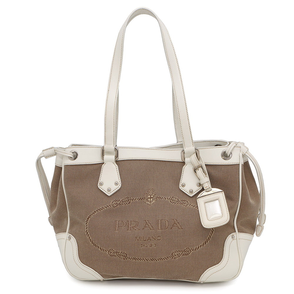Prada ? jacquard WhiteBR3417 Leather Canvas Handbag
