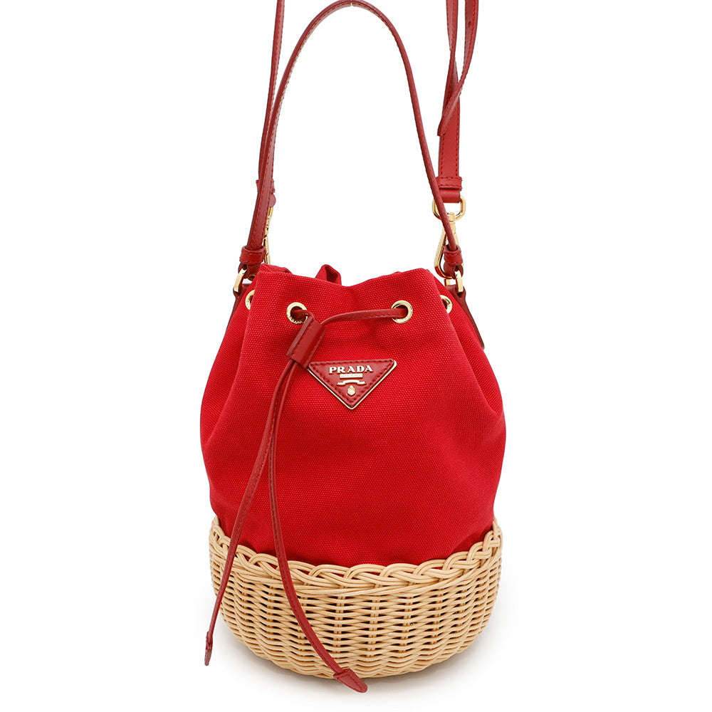 Prada ?Drawstring bag Red1BH115 Canvas Raffia Bucket Bag