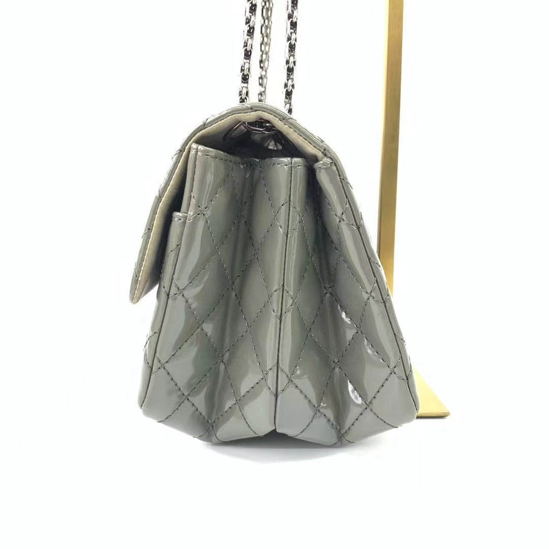 Chanel 2.55 Flap Patent Double Bottom Grey Small Leather Shoulder Bag