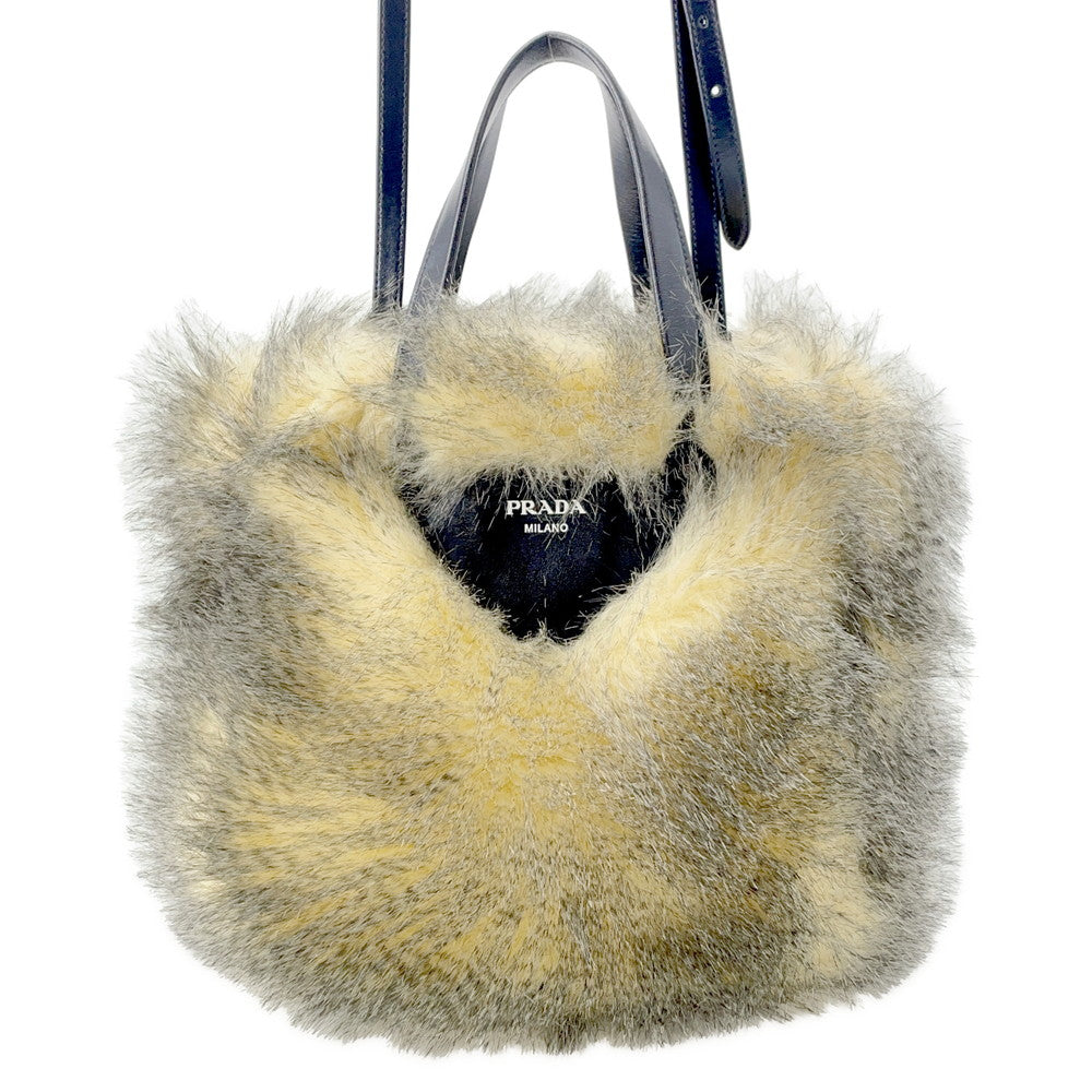 Prada Triangle Black1BG406 Fake fur Beige Logo Tote Bag
