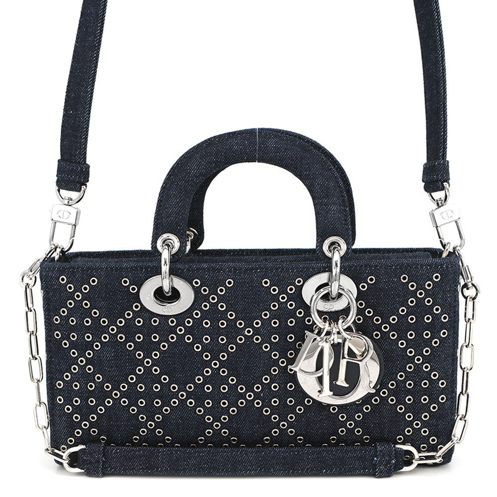 Dior Handbag Eyelet Detail Ladies D-JOY 2-Way Bag Denim Navy Medium