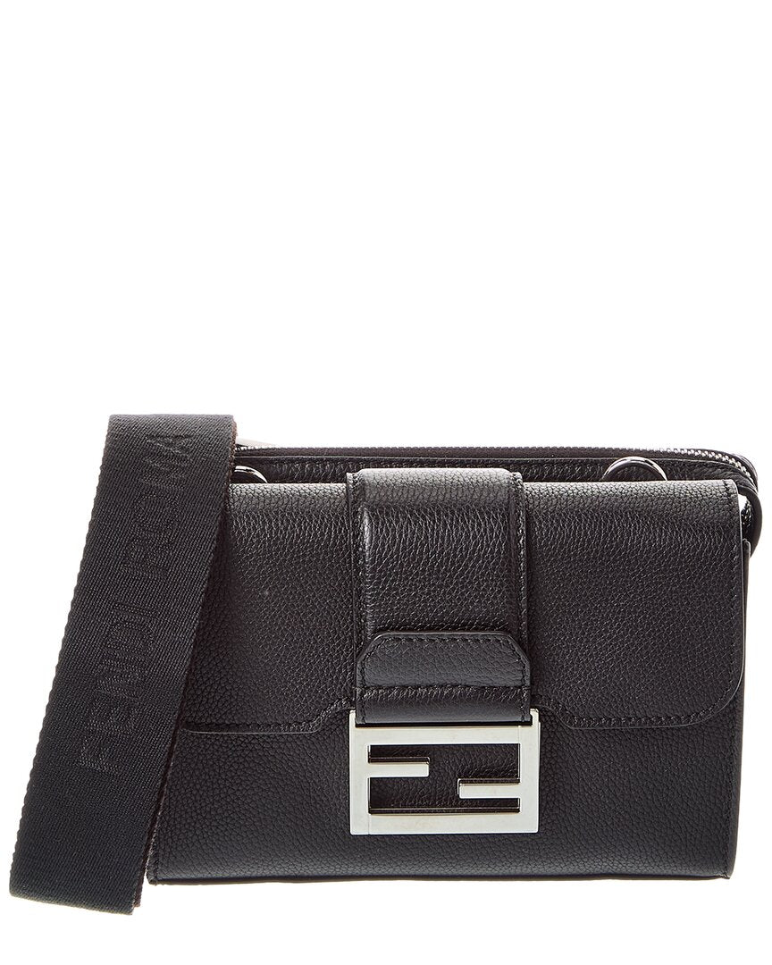 Fendi Handbag Baguette Double Crossbody Leather Black Shoulder Bag