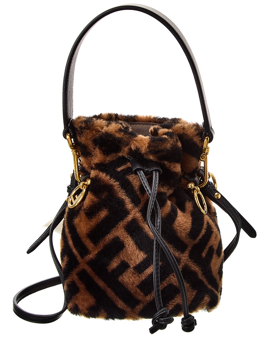 Fendi Handbag Mon Tresor Shearling & Bag Leather Brown Mini Bucket Bag