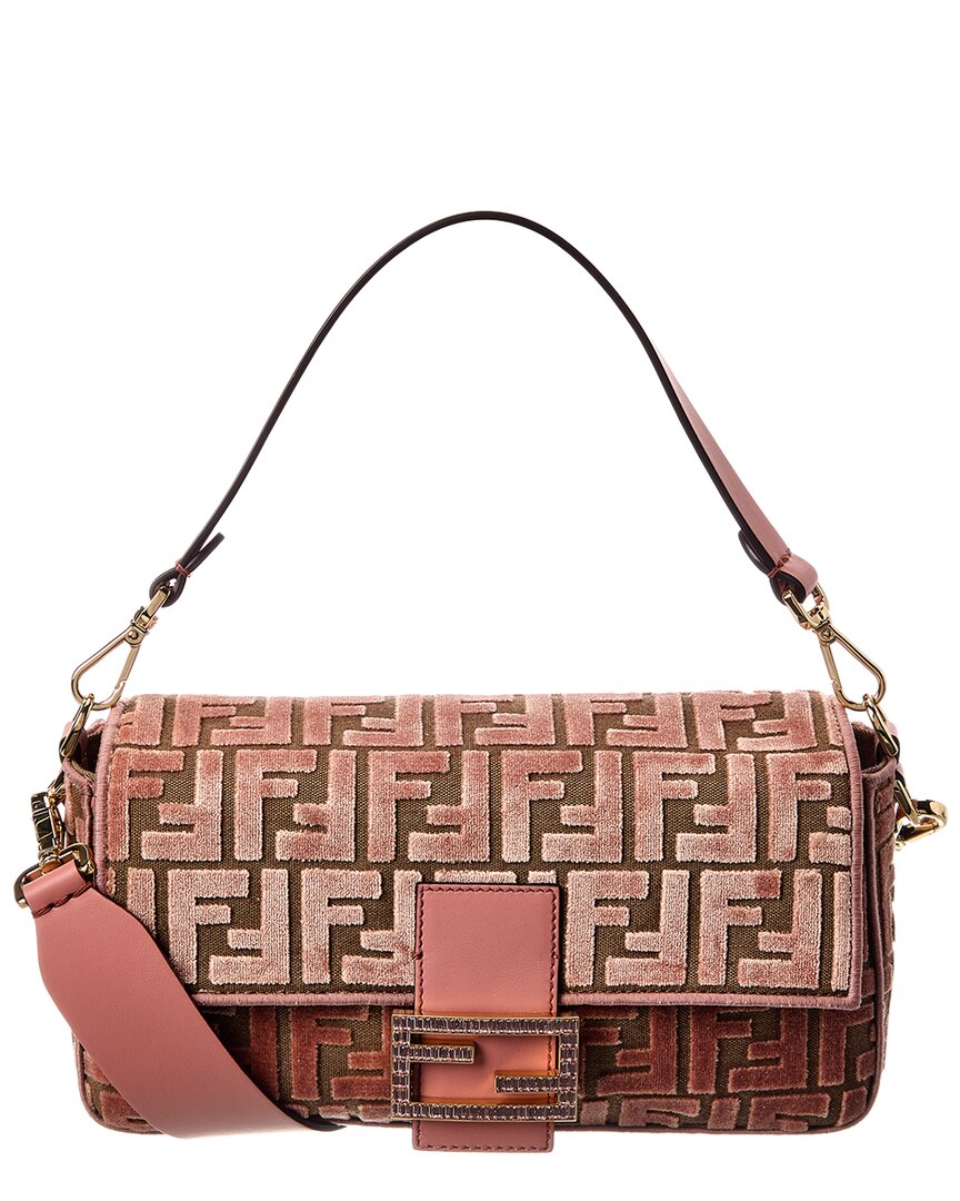 Fendi Handbag Baguette Ff Jacquard Velvet & Shoulder Bag Leather Pink