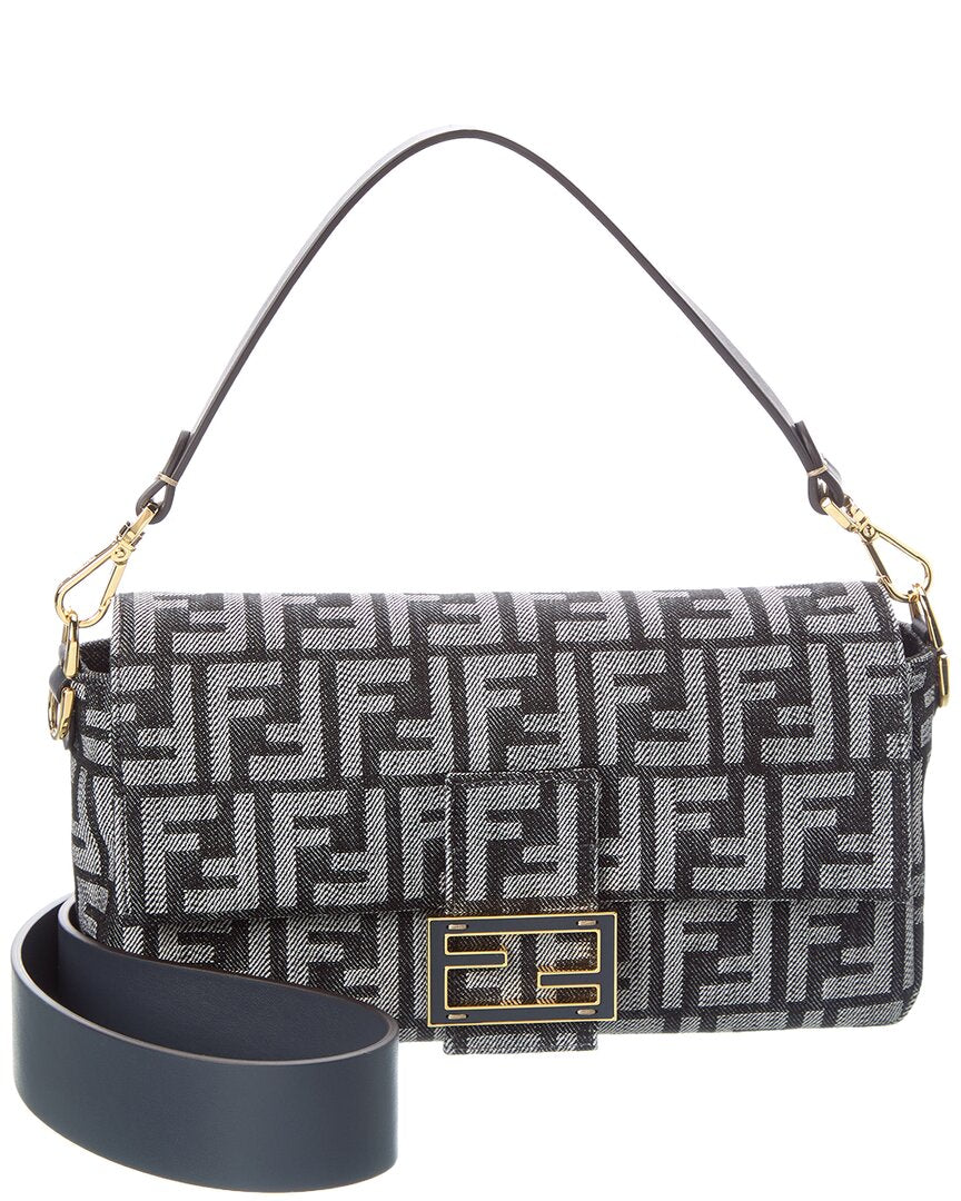 Fendi Handbag Baguette Ff Jacquard & Shoulder Bag Leather Denim Blue