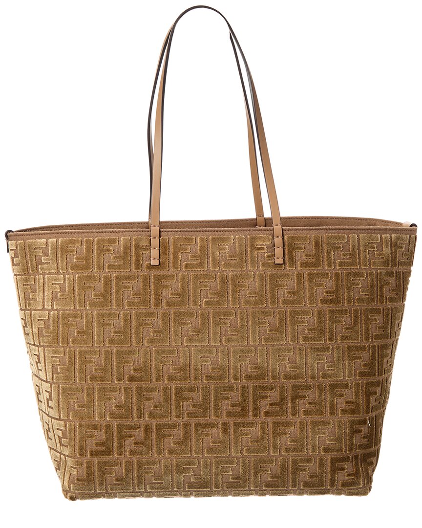 Fendi Handbag Roll Ff Jacquard Velvet & Tote Leather Brown Large Tote Bag