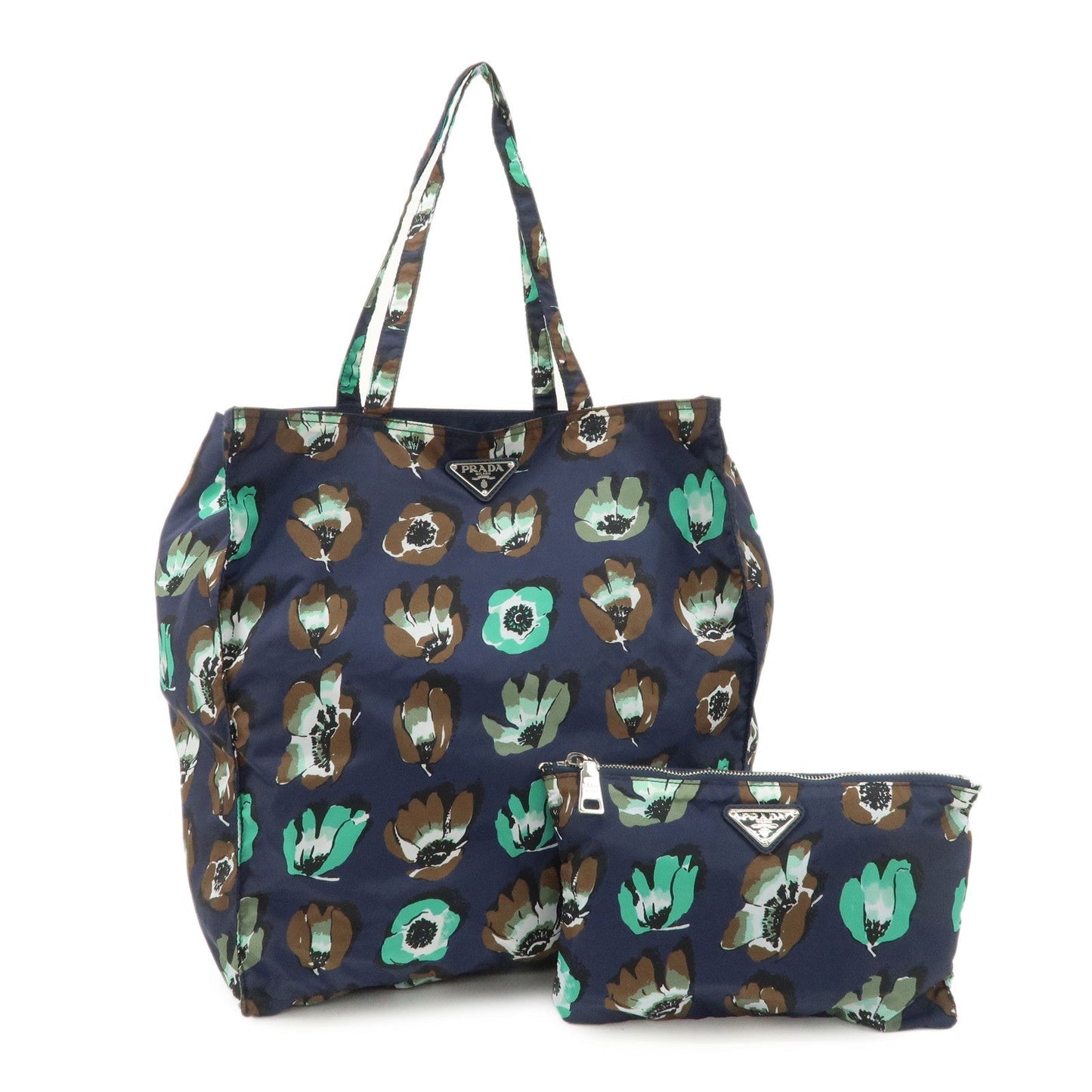 Tote Bag Triangle w Pouch Flower Print d Nylon Navy Logo