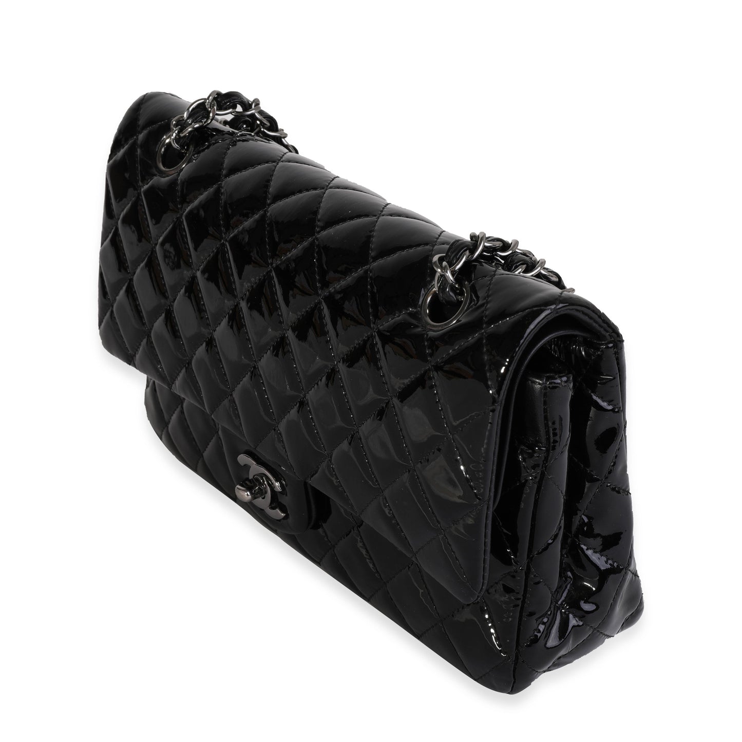 Chanel Black Quilted Patent Leather Medium Classic Double New Bag