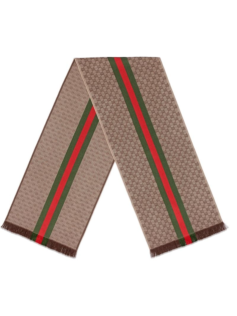 Gucci - GG jacquard knit scarf with Web and fringe - unisex - Wool/Silk - One Size - Brown