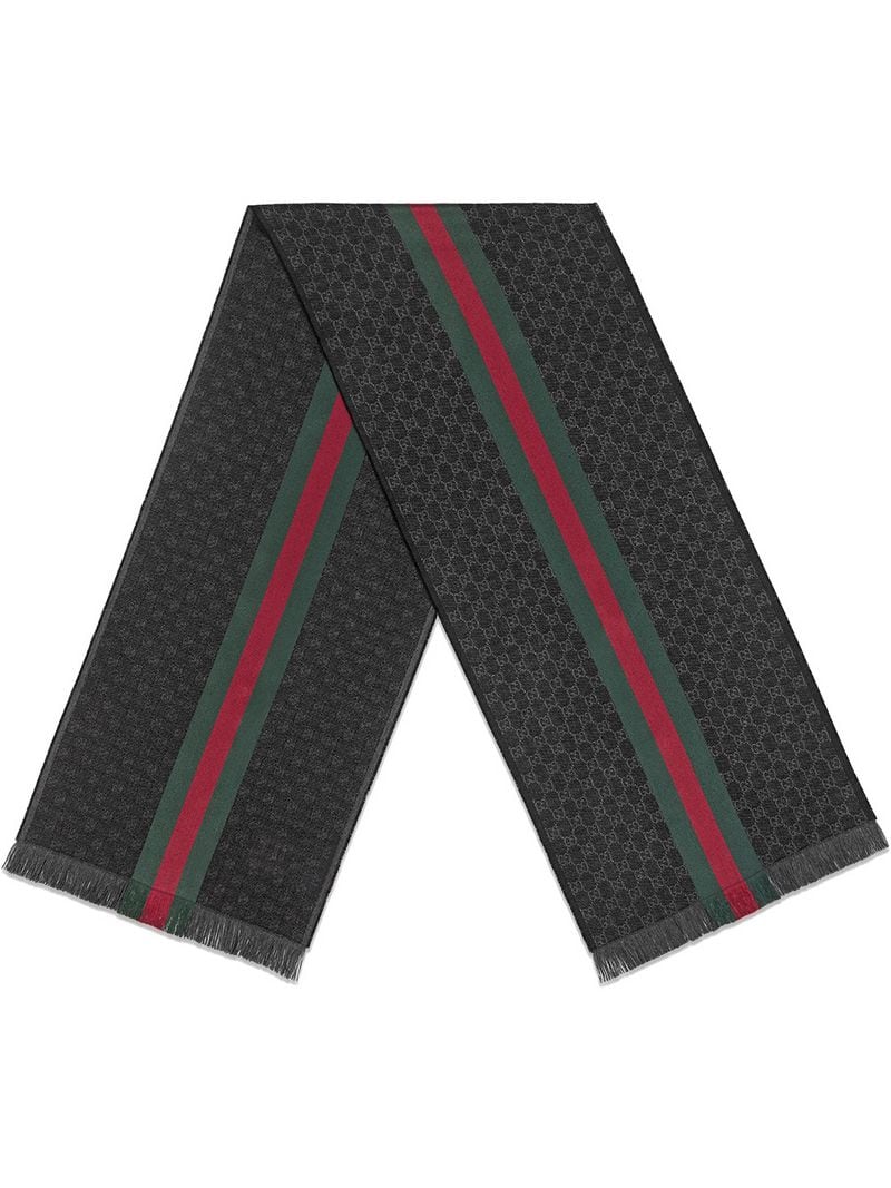 Gucci - GG jacquard knit scarf with Web and fringe - men - Silk/Wool - One Size - Grey