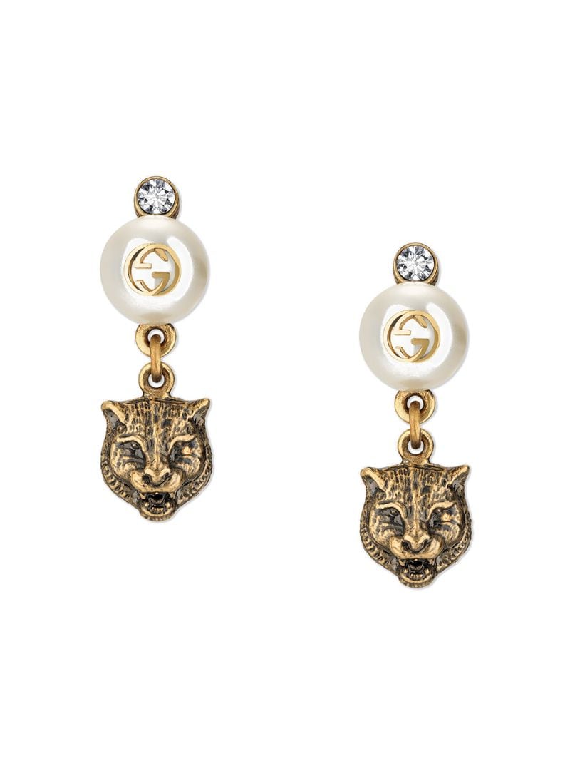 Gucci - Feline earrings with resin pearls - women - Resin/glass/metal/Swarovski Crystal - One Size - Metallic