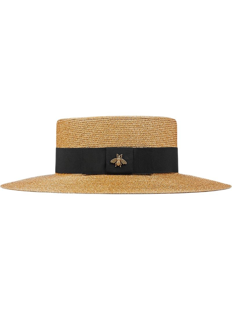 Gucci - bee-embellished boater hat - women - Straw/Lurex/metal/Satin Ribbon - XS, S, L, XL, M - Brown