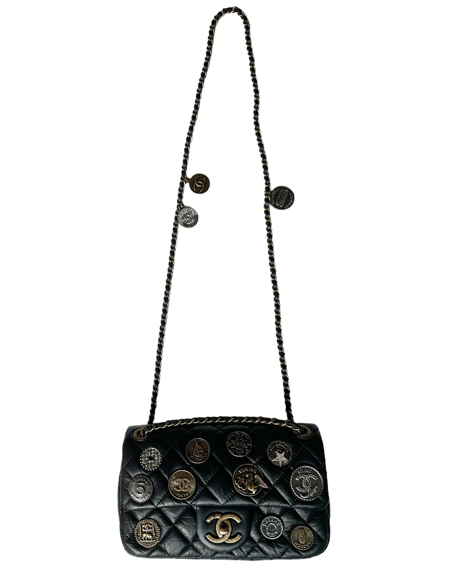 Chanel Black Calfskin Leather Quilted World Coin Charm Flap Bag