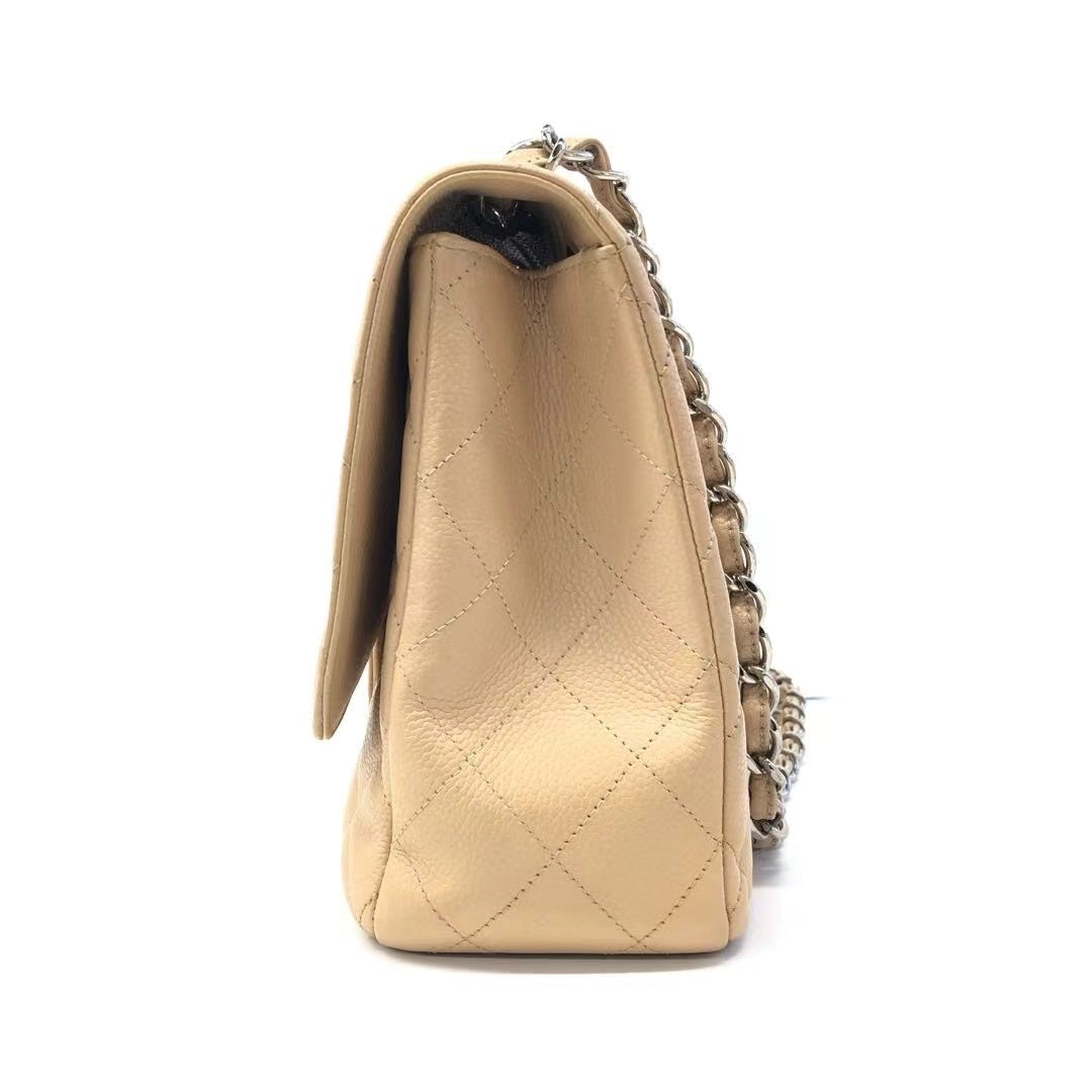 Chanel Classic Flap Jumbo Caviar Single Flap Silver Beige Leather Handbag Silver Hardware