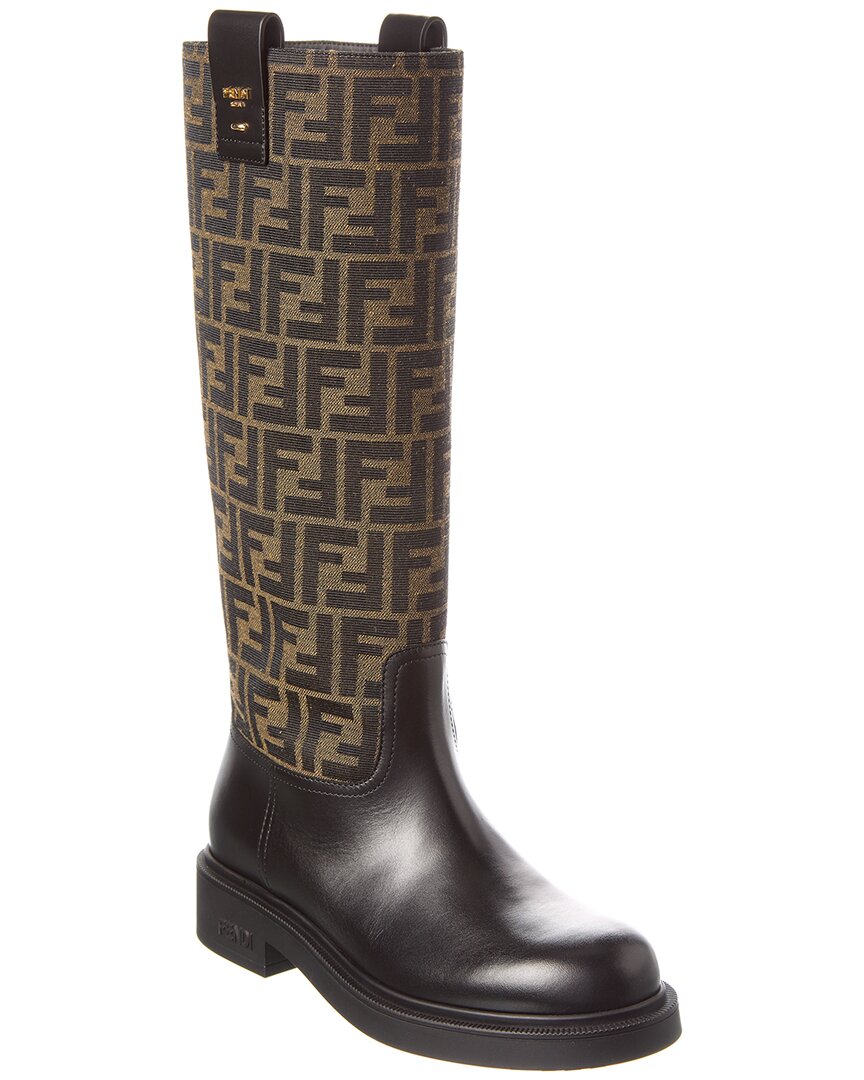 Fendi Shoe Filo Ff Jacquard & Knee-High Boot Leather Canvas Brown Shoes
