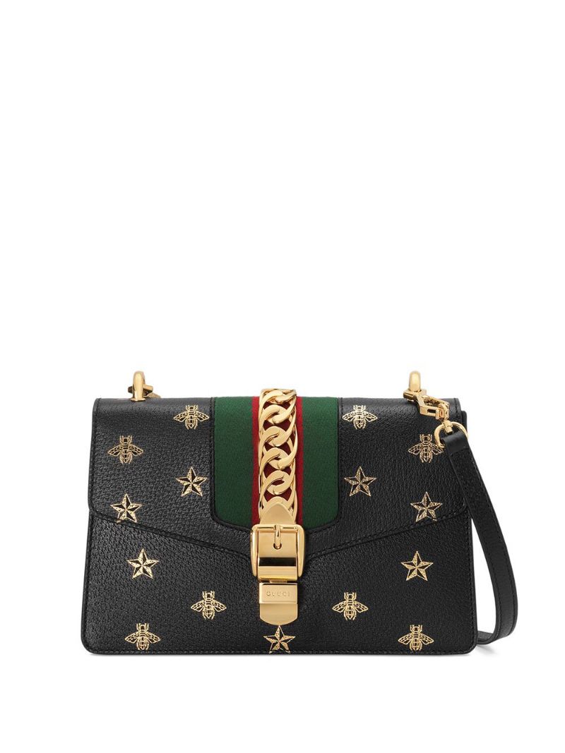 Gucci - Sylvie Bee Star small shoulder bag - women - Leather/Nylon/metal/Viscose - One Size - Black