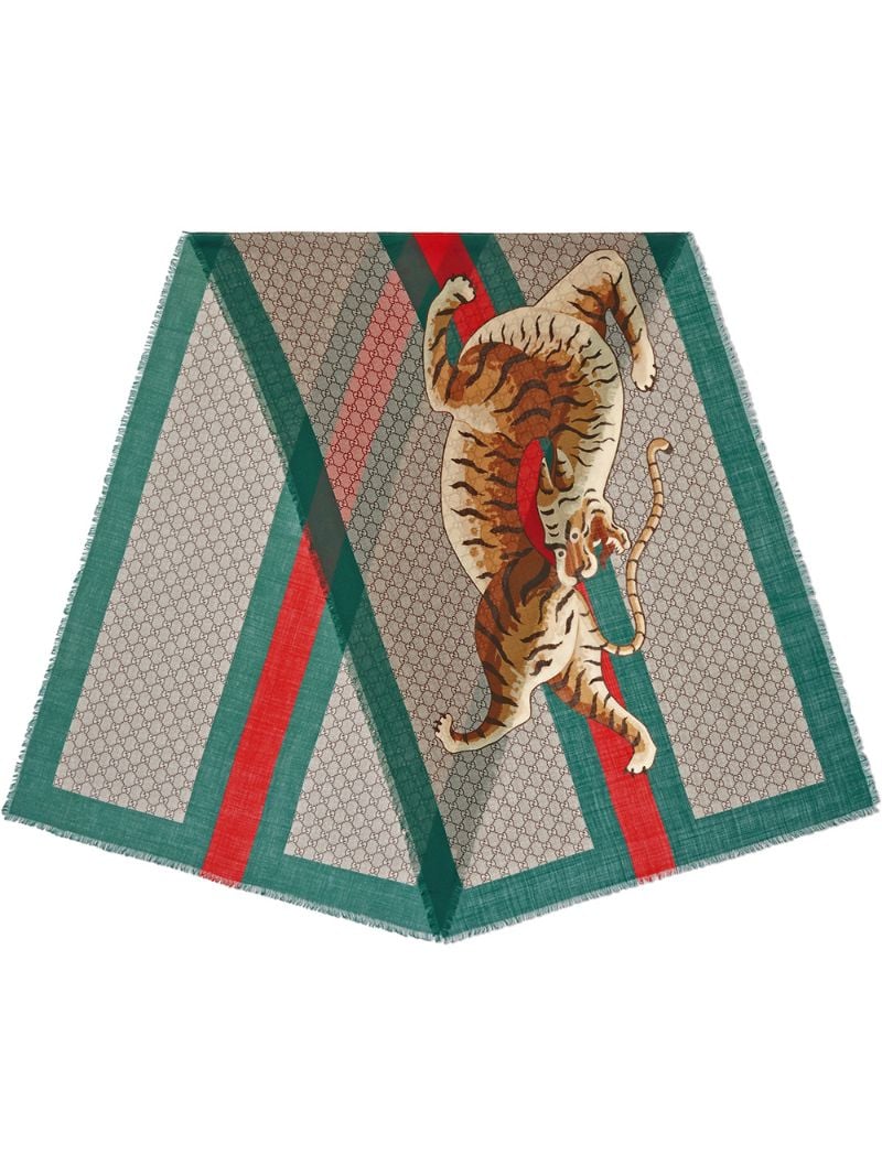 Gucci - nude and green Tiger Web print wool stole - men - Wool - One Size - NEUTRALS