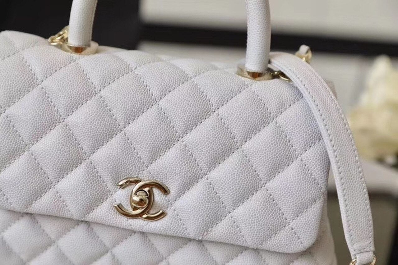 CHL Coco Toned Hardware 9in White Gold Top Handle Handbag