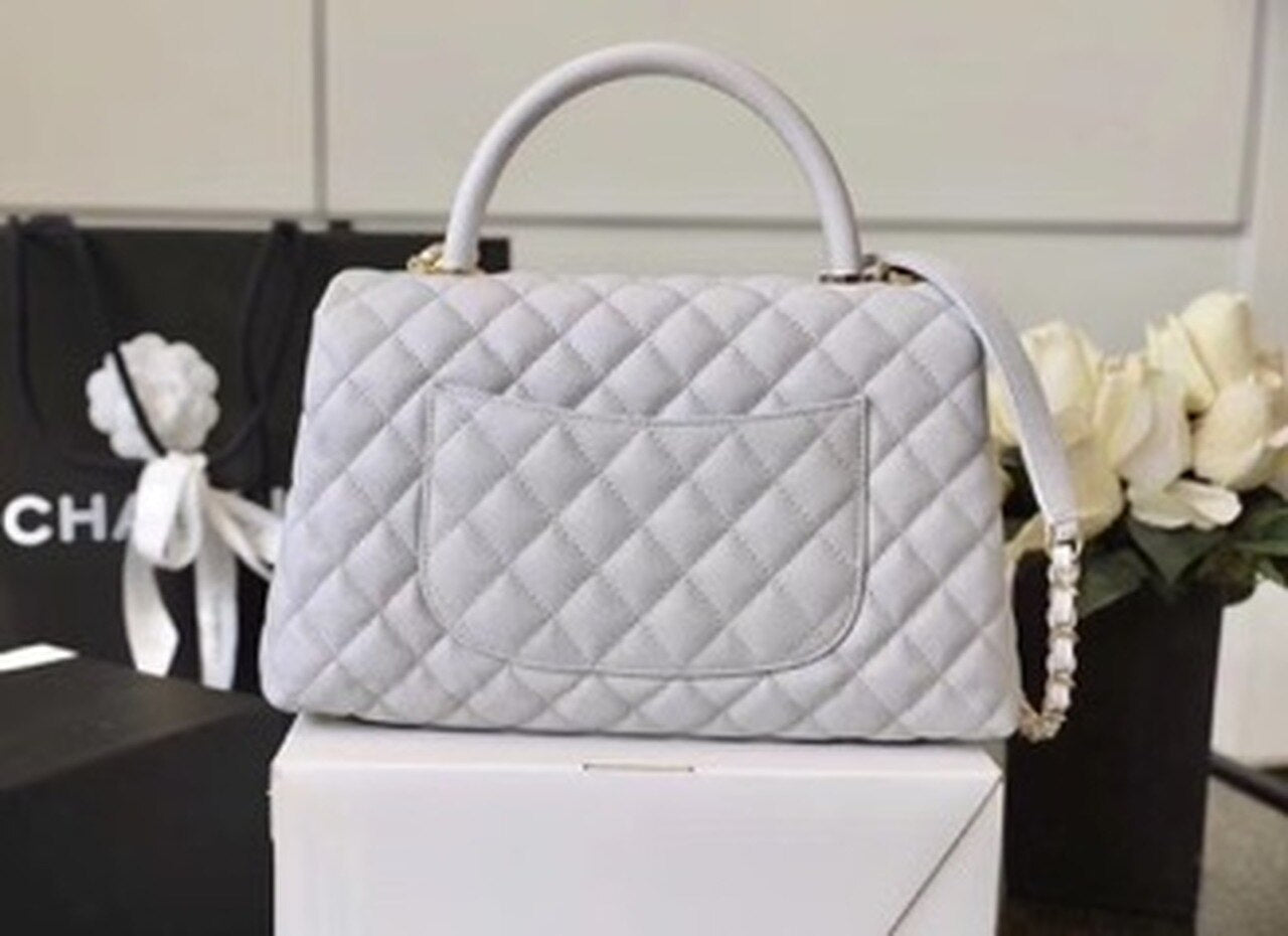 CHL Coco Toned Hardware 11in White Gold Top Handle Handbag