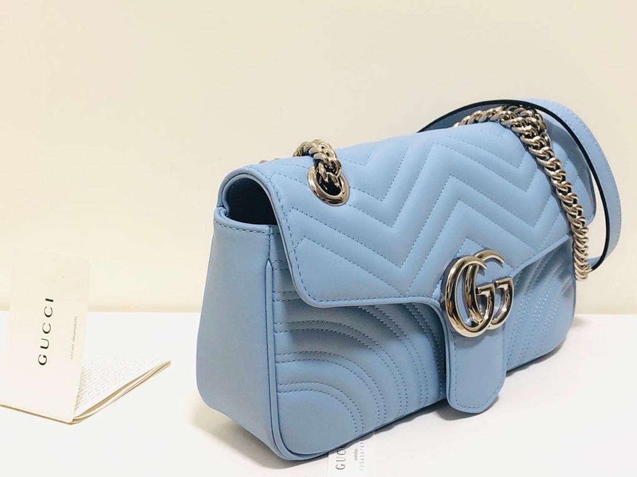 gg Marmont Matelassé Sky Matelassé Blue Small Shoulder Bag