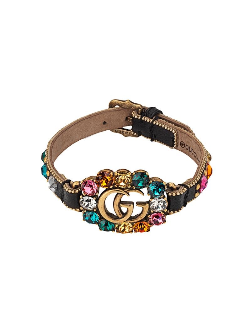 Gucci - Leather bracelet with Double G - women - metal/Crystal/Leather - S - Black