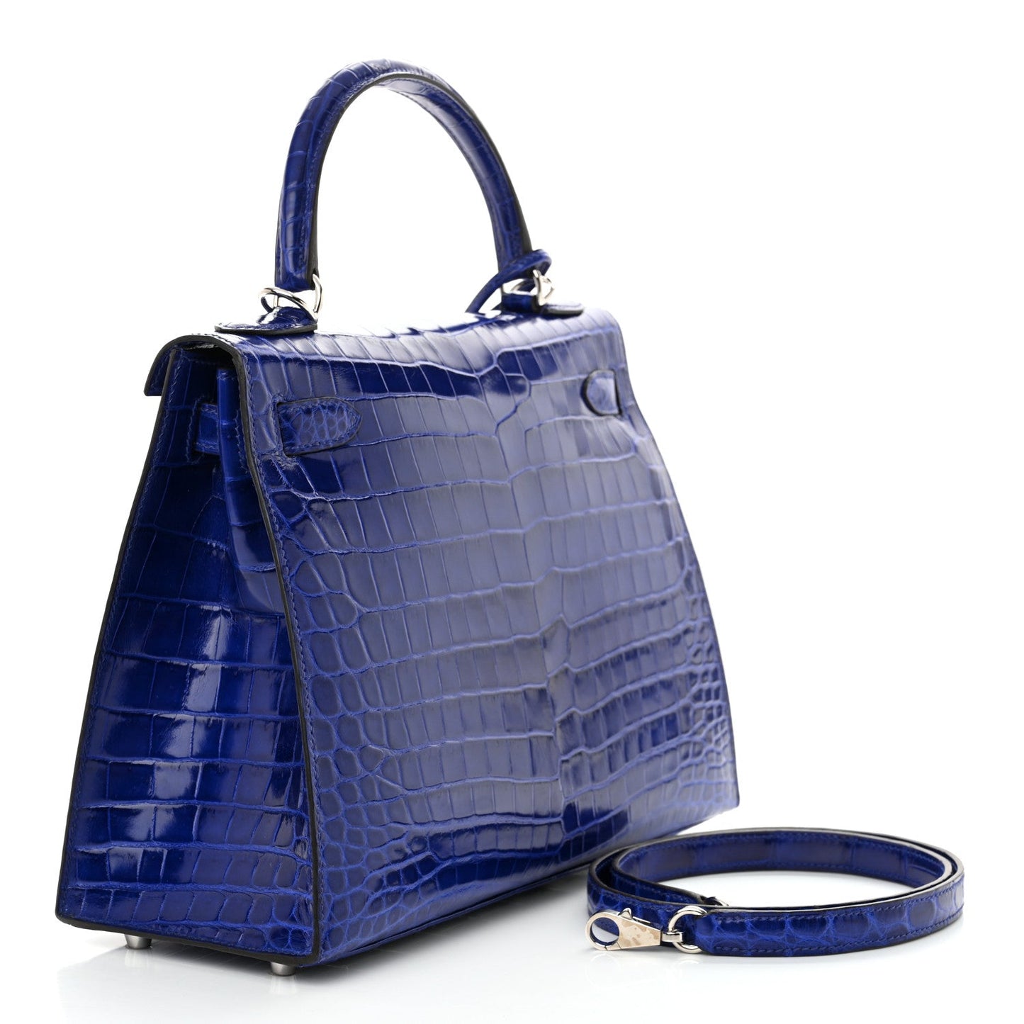 Hermes Shiny Niloticus Crocodile Kelly Sellier Bleu Electrique Handbag Travel Bag
