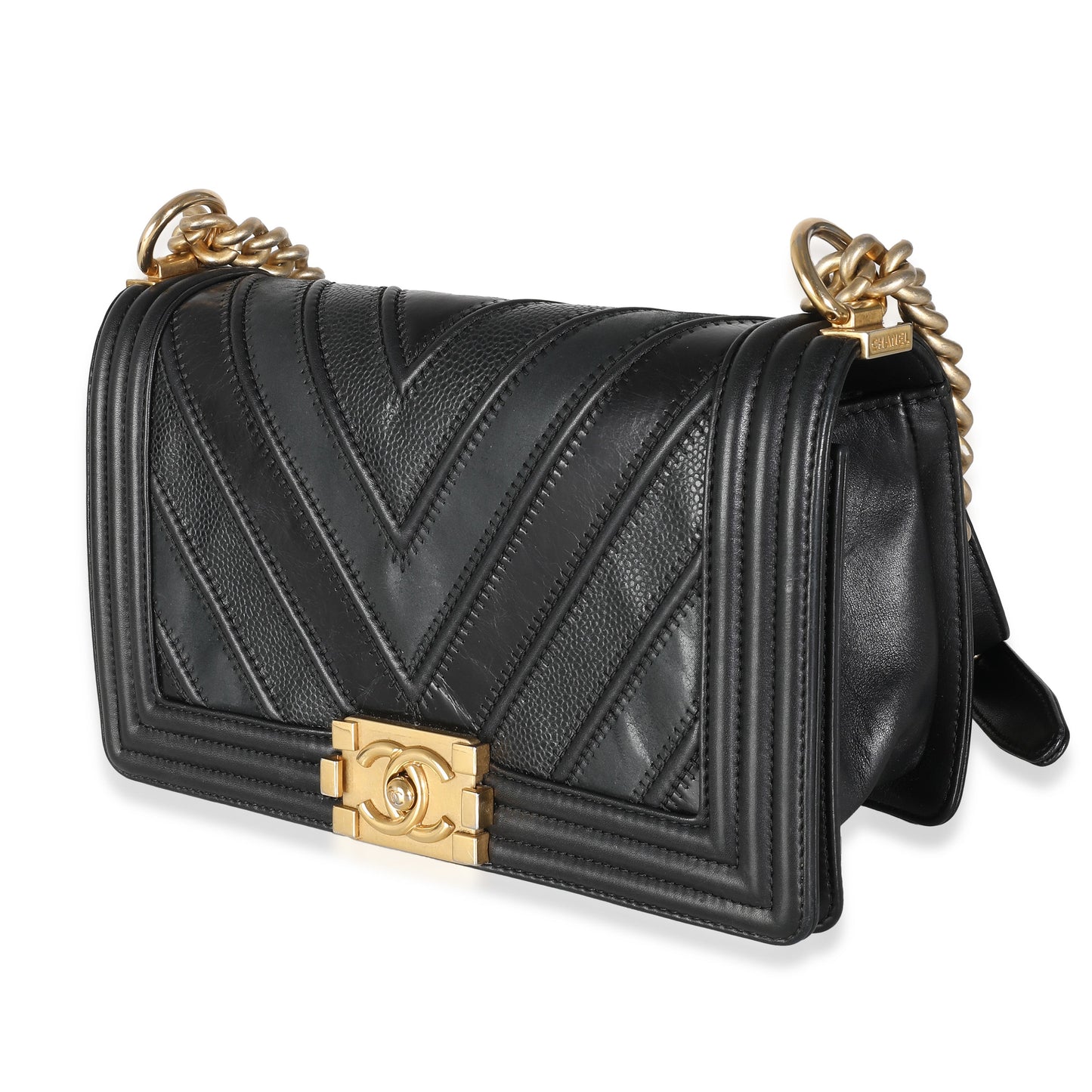 Chanel Black Calfskin Caviar In The Mix Chevron Old Medium Boy Bag