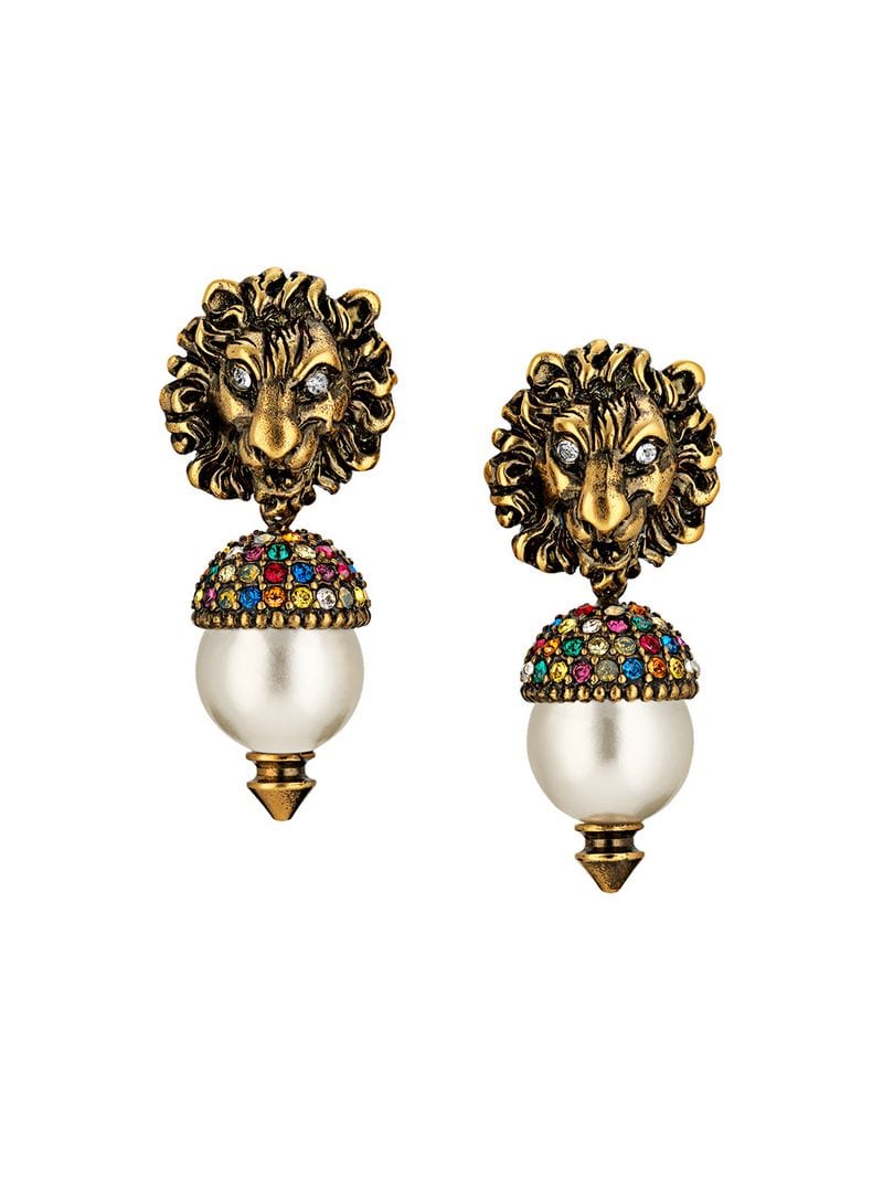 Gucci - lion head earrings - men - glass/metal/Crystal - One Size - GOLD