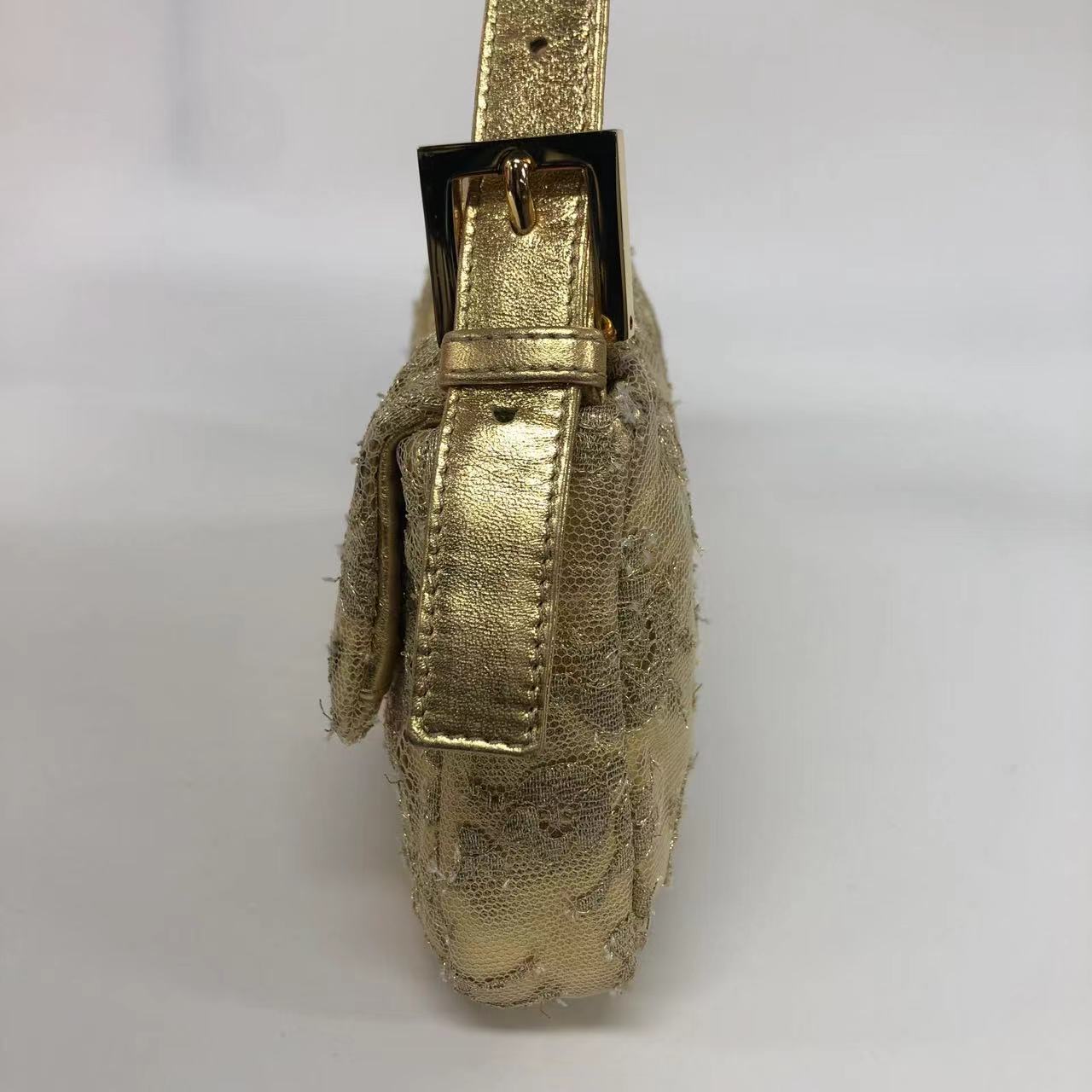 Fendi Baguette With Lace Embroidery Handbag Leather Gold Shoulder Bag