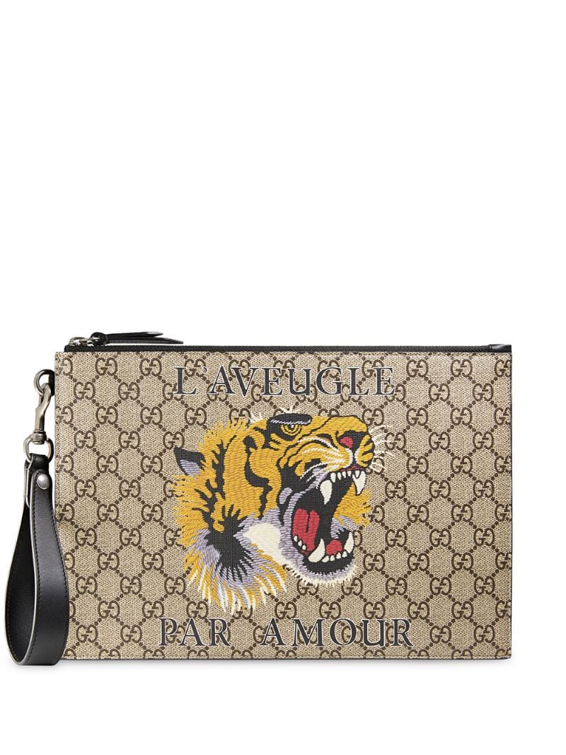 Gucci - GG Supreme Tiger motif pouch - men - Leather/Canvas - One Size - NEUTRALS
