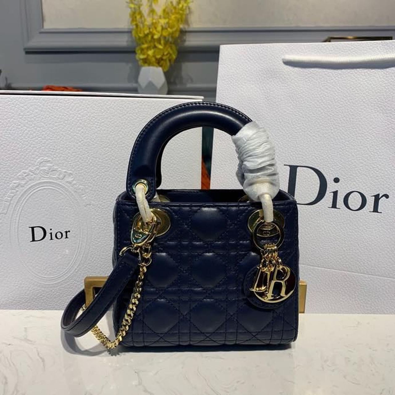 Lady Chain Toned Hardware Cd Blue Gold Navy Mini Travel Bag