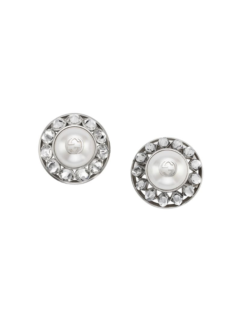 Gucci - Interlocking G pearl and crystal earrings - women - Crystal/Silver Plated Metal/glass - One Size - SILVER