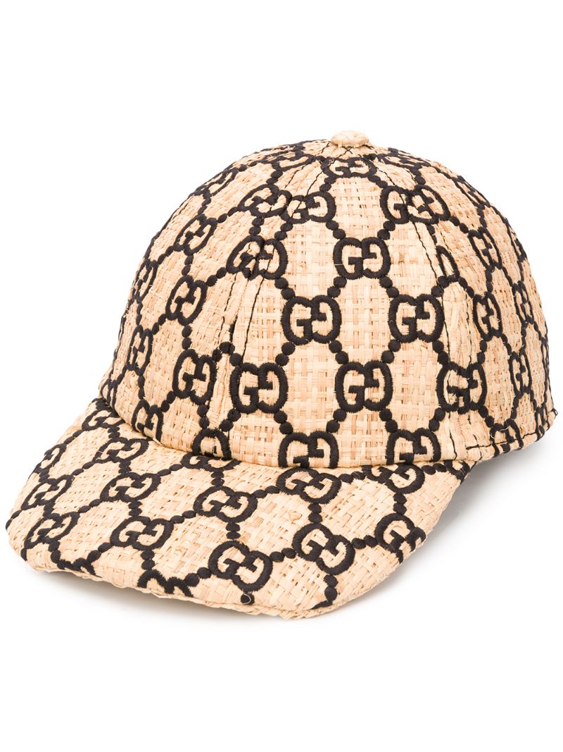 Gucci - GG embroidered baseball cap - women - Cotton/Raffia/Polyester/Elaphe Carinata - S, XL - NEUTRALS