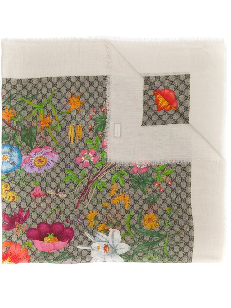 Gucci - GG flora print silk-blend scarf - women - Silk/Wool - One Size - NEUTRALS