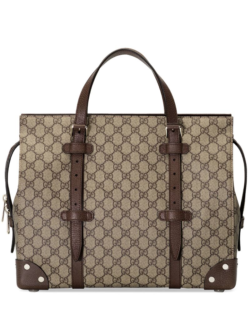 Gucci - leather-trim logo-print tote - men - Cotton/Linen/Flax/Leather/metal - One Size - Neutrals
