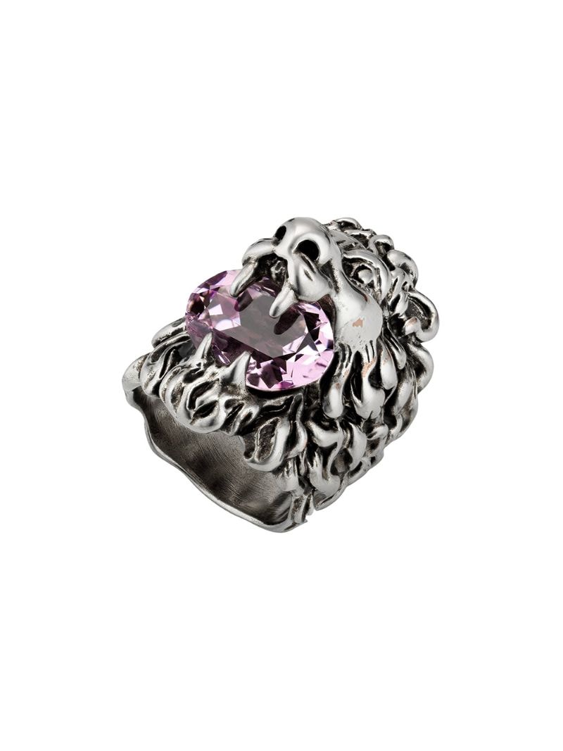 Gucci - crystal-embellished Lion-head ring - men - metal - 53, 59 - SILVER