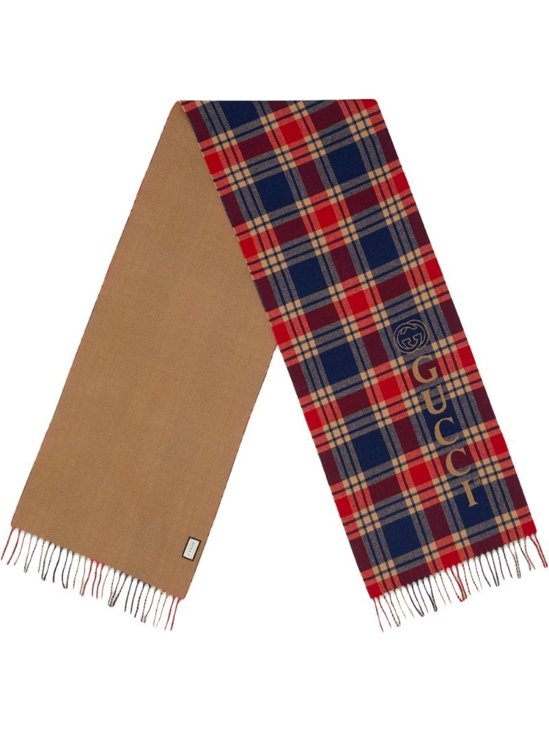 Gucci - intarsia-logo check-pattern scarf - men - Cashmere/Wool - One Size - Blue