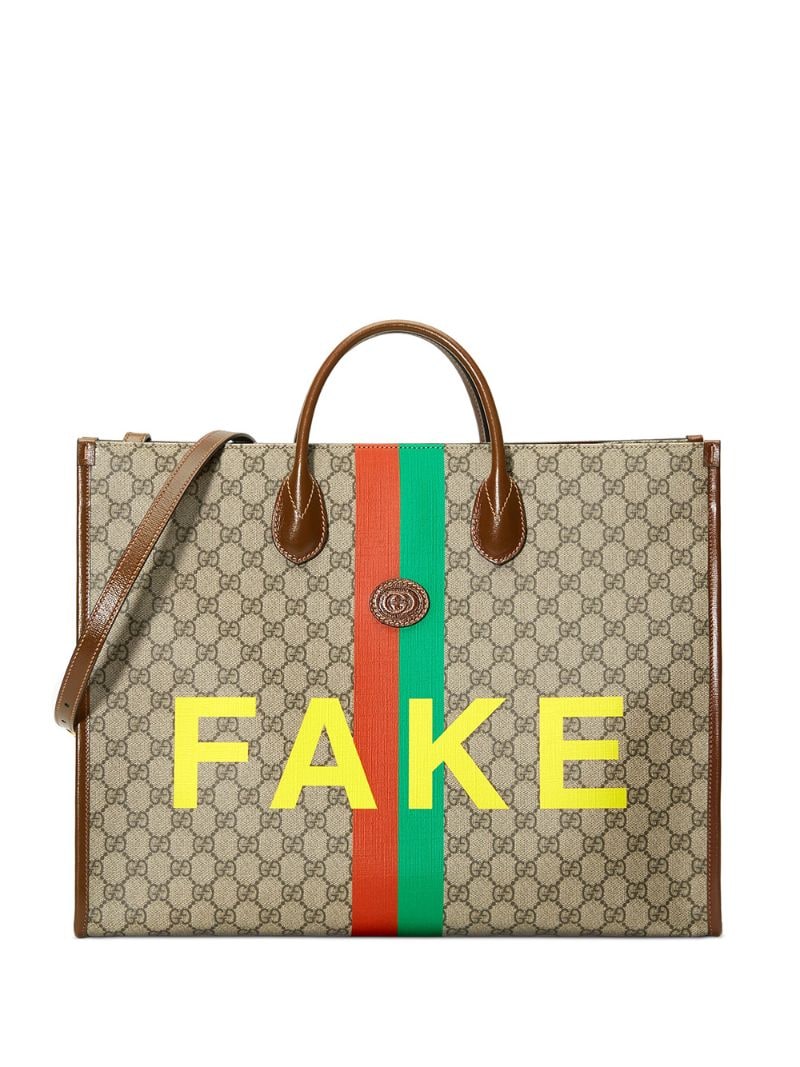 Gucci - ”Fake” print tote - men - Cotton/Leather/Canvas - One Size - Neutrals