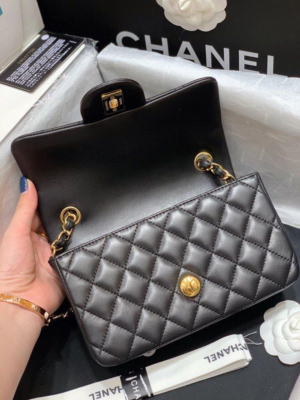 CHL Classic Top Qualityap Toned Black Gold Flap Crossbody Bag