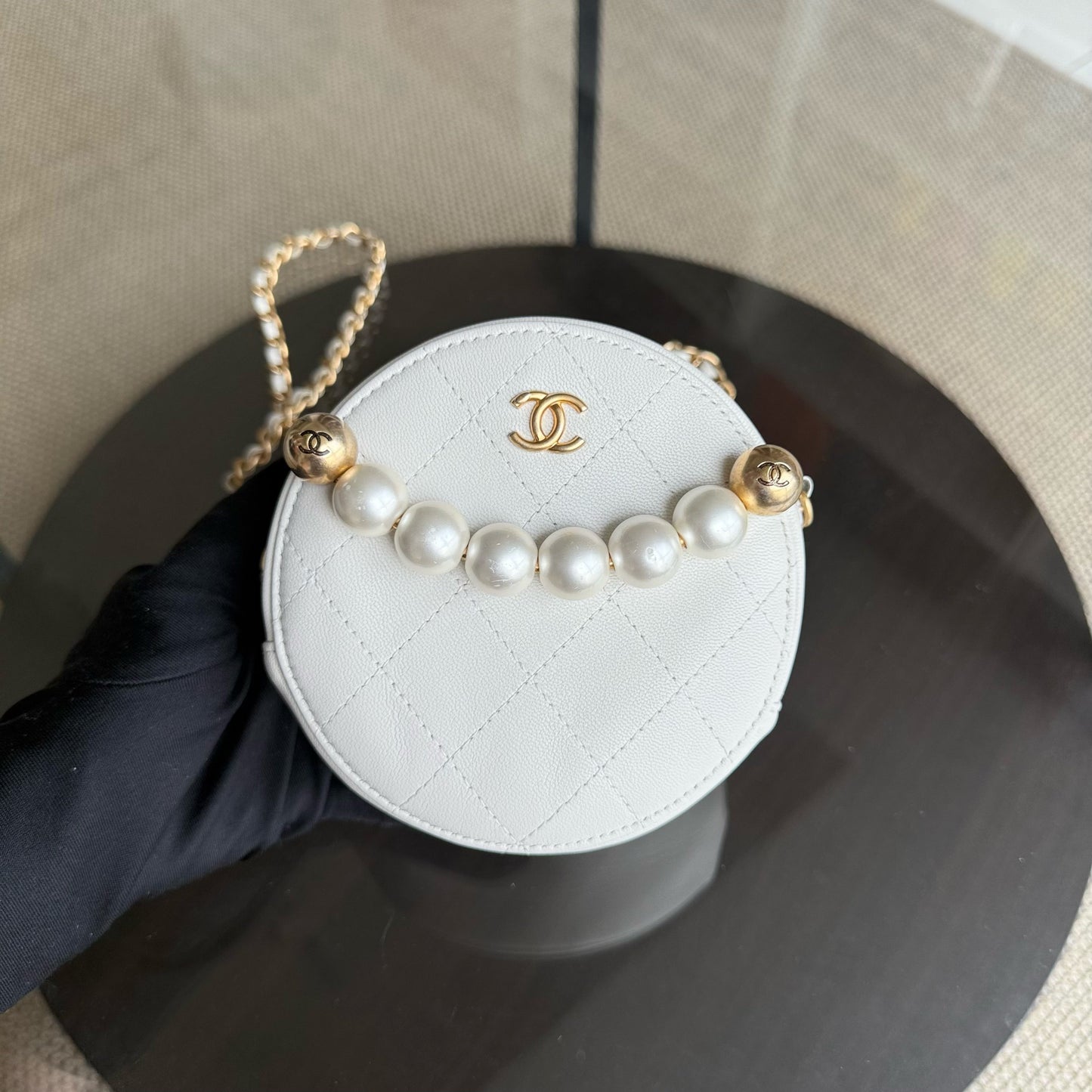 Chanel Pearl Round Clutch with Calfskin Aged Hardware White Gold Clutch Bag