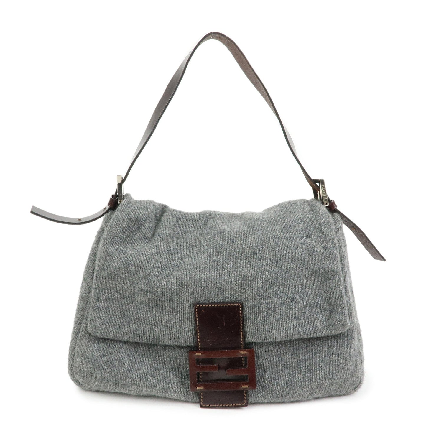 Shoulder Bag Mamma Baguette Wool Grey Leather Brown Gray