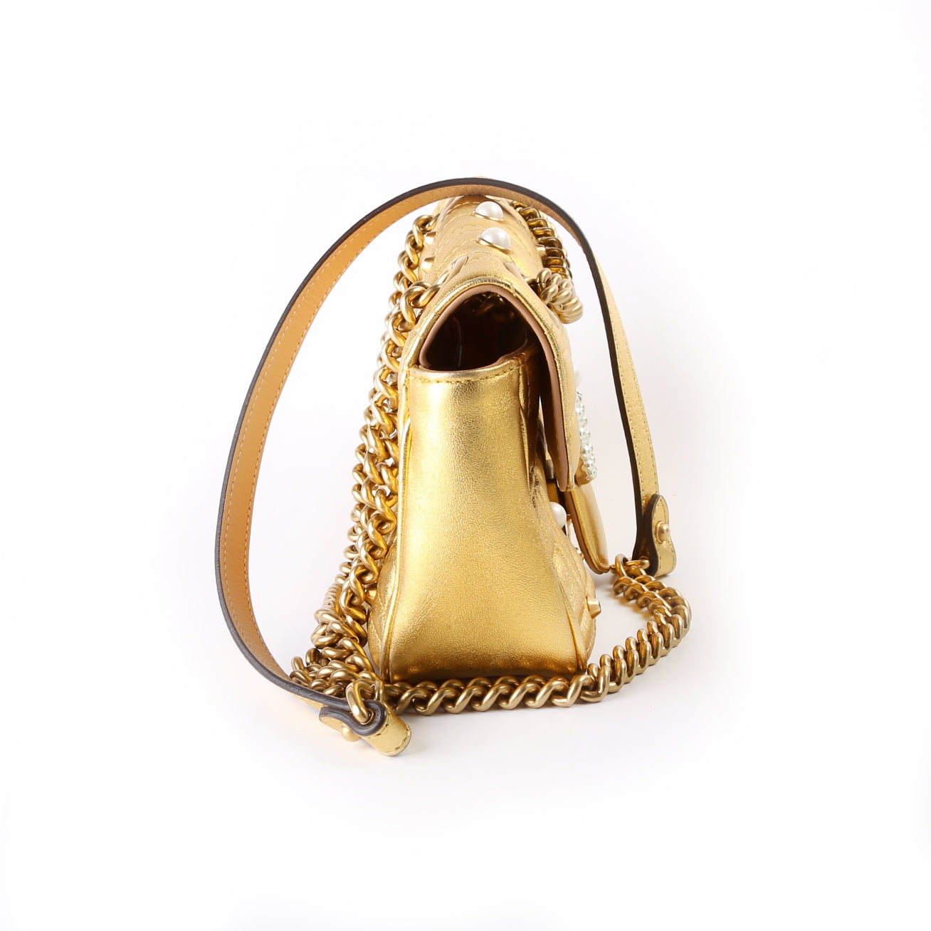 Gucci Marmont Pearl Stud Leather Mini Flap Shoulder Bag