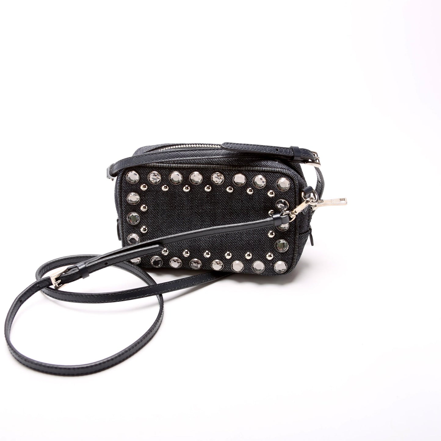Prada Studded Embellished Camera Bag Denim Mini Travel Bag