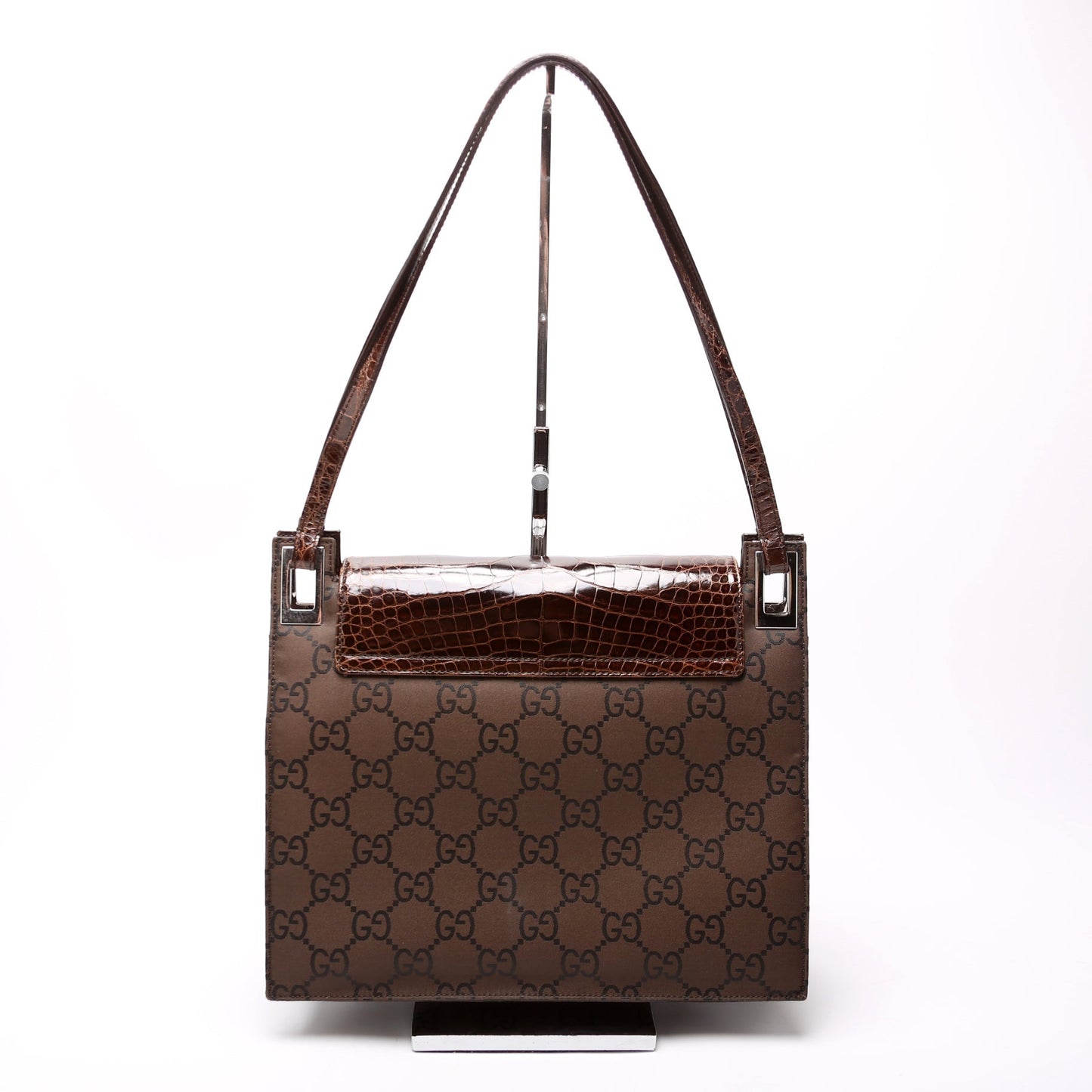 Gucci 001- GG Embossed Nylon Croc Brown Flap Shoulder Bag